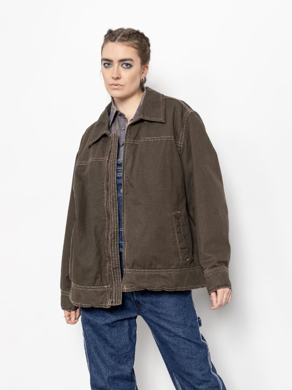 Vintage 90s Canvas Workwear Jacket, Zippered Utility Coat (Large/XL)